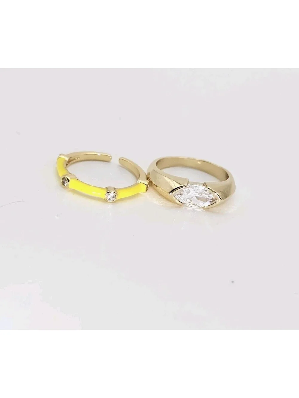 2 Ring Stack - Horse Eye Marquise CZ Size 6 Band - Yellow Enamel Adjustable